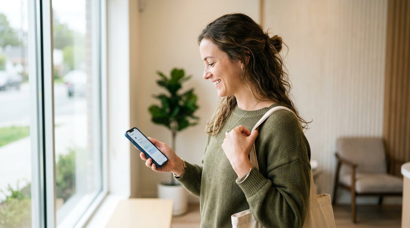 Patient in a bright waiting area using a smartphone to schedule or manage a visit