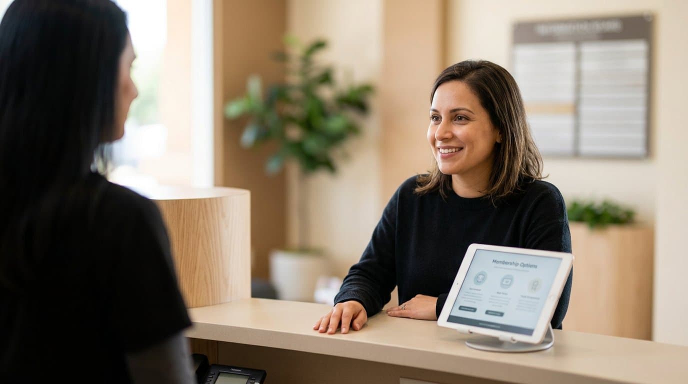 Patient at reception reviewing membership options on a tablet