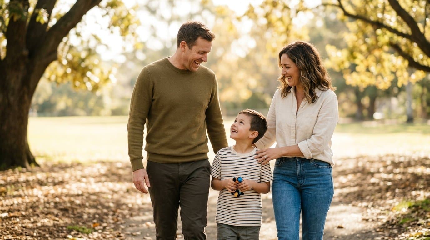 Happy family walking outdoors—family-friendly dental care in Dublin, CA