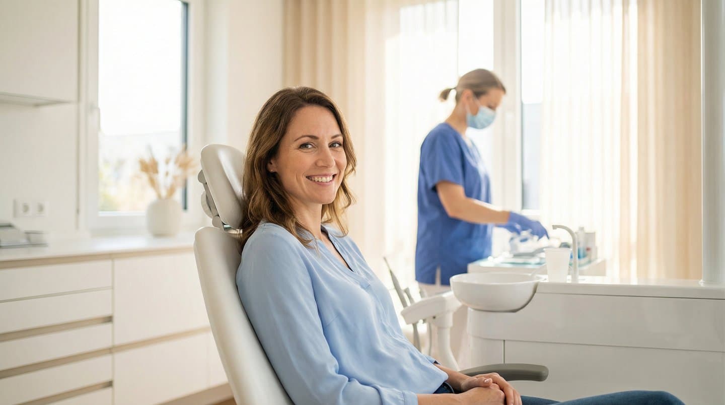 A smiling woman in a dental chair during a preventive visit, with a dental professional working in the background of a bright, modern clinic