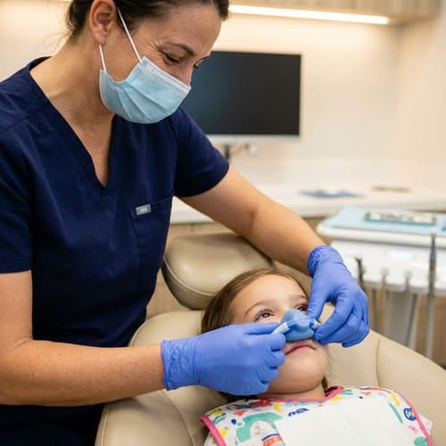 Dental professional gently placing a sedation nose mask on a child in the dental chair