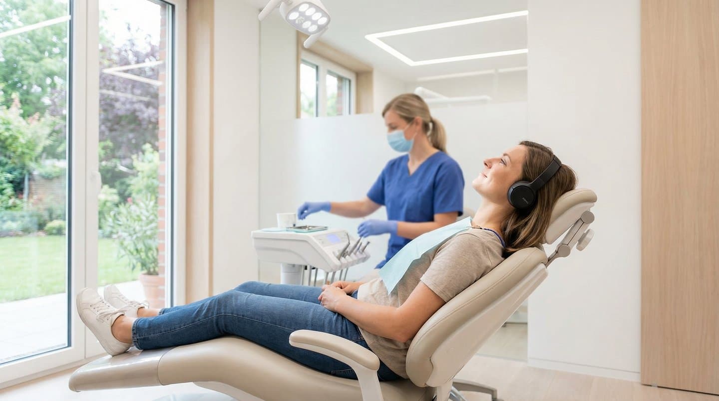 A relaxed patient in a dental chair with headphones while a clinician prepares instruments in a bright, modern office with a garden view