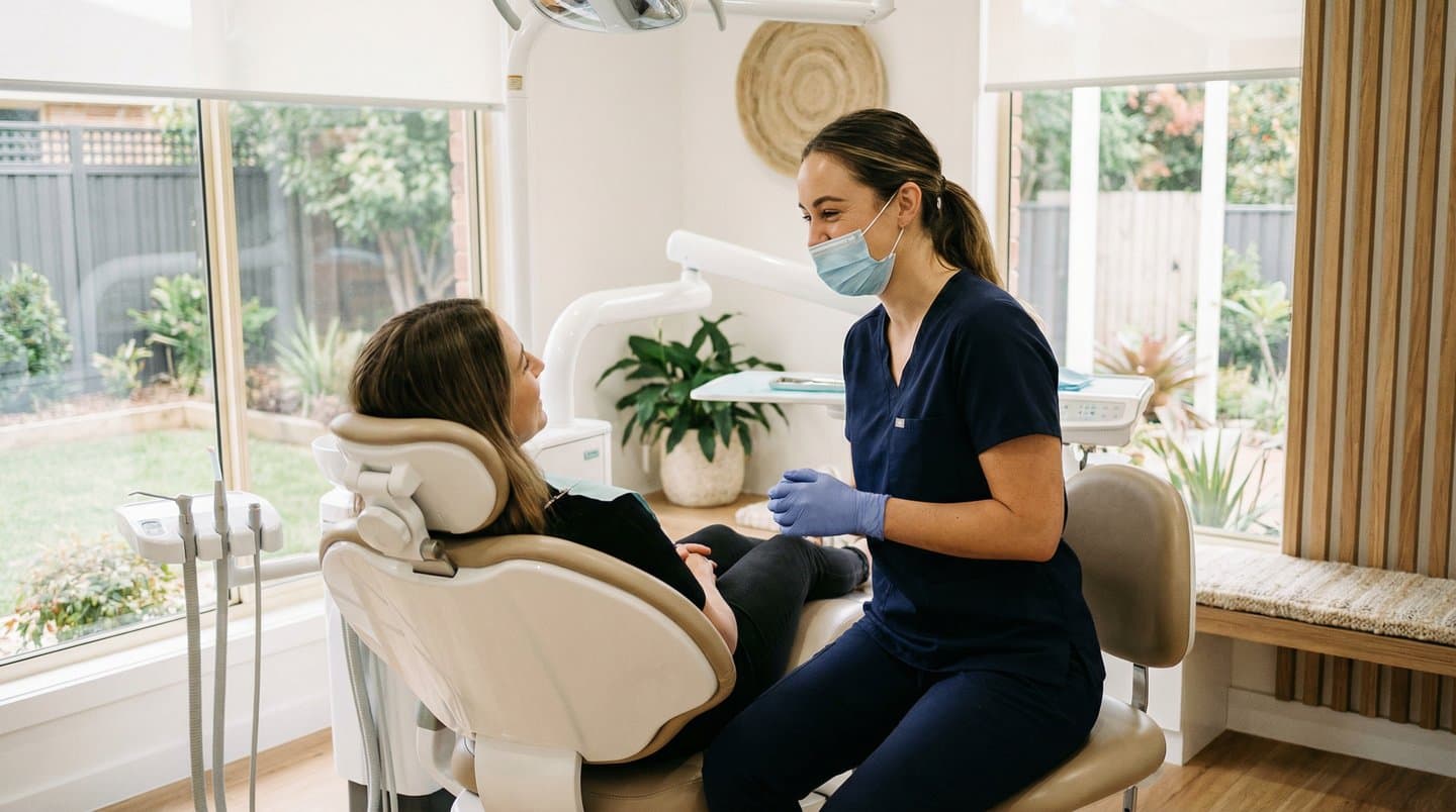 A dental hygienist in navy scrubs and a face mask talking with a patient in a bright, modern office with large windows overlooking a garden