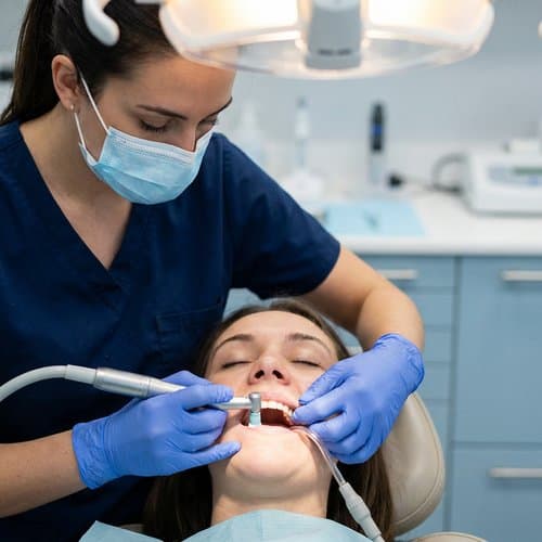 Hygienist polishing teeth with a handpiece during a professional dental cleaning
