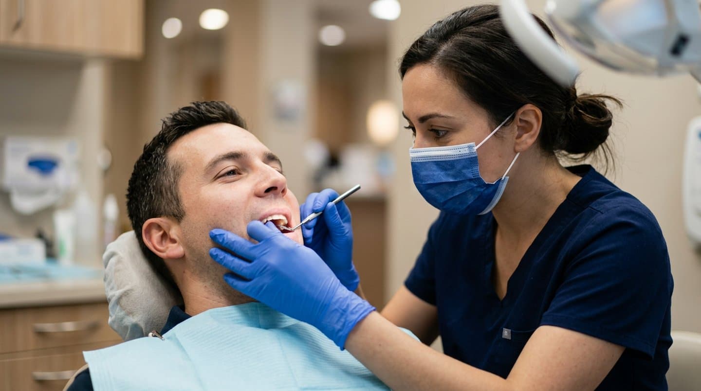 Dentist in scrubs and gloves treating a relaxed patient in a dental chair with a hand instrument