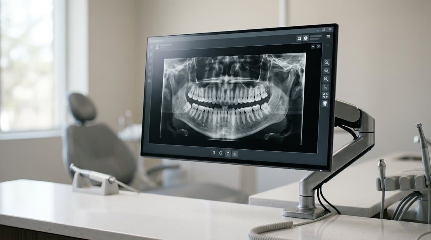 Panoramic dental X-ray on a monitor in a modern operatory—dental imaging in Dublin, CA