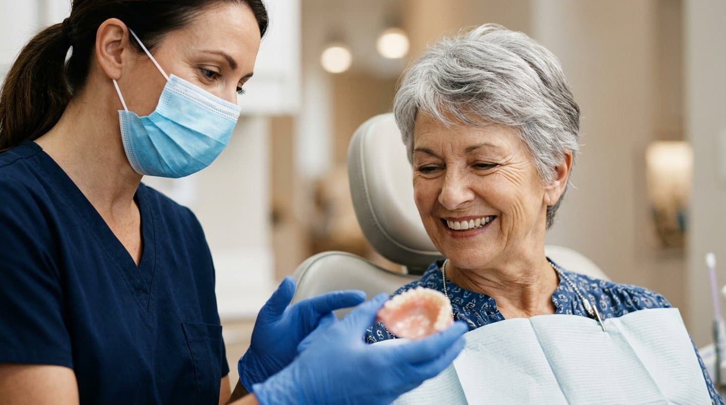 A dental professional showing a denture to a smiling patient seated in a dental chair
