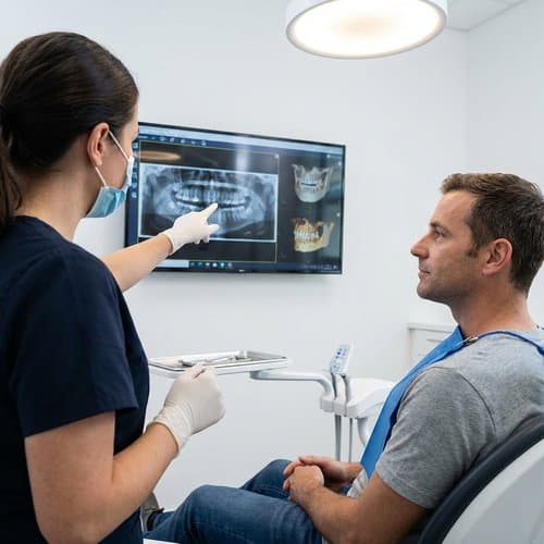 Dentist and patient reviewing a panoramic X-ray and scans on a monitor—dental imaging in Dublin, CA