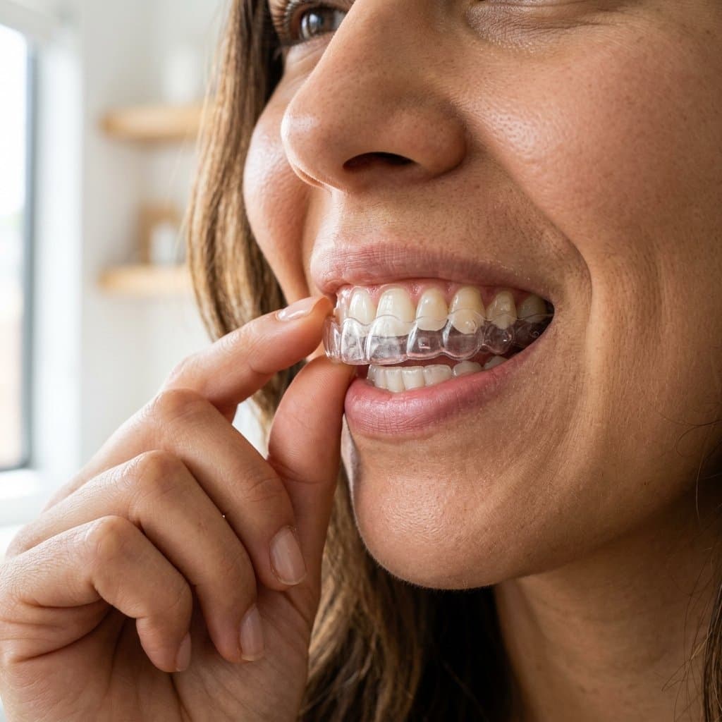 Woman placing a clear Invisalign aligner over her teeth