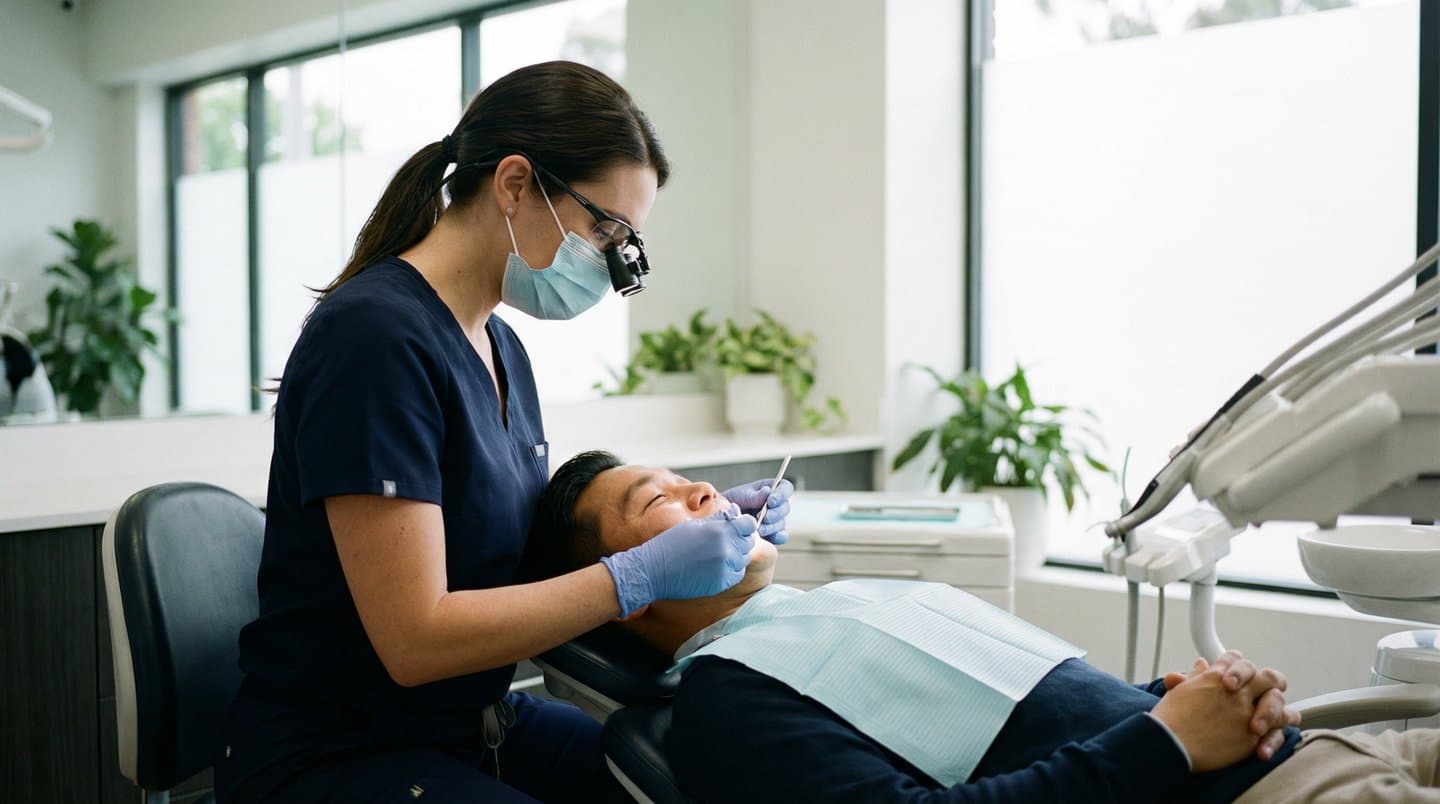 Dentist wearing loupes treating a relaxed patient in a bright modern dental office with large windows and indoor plants