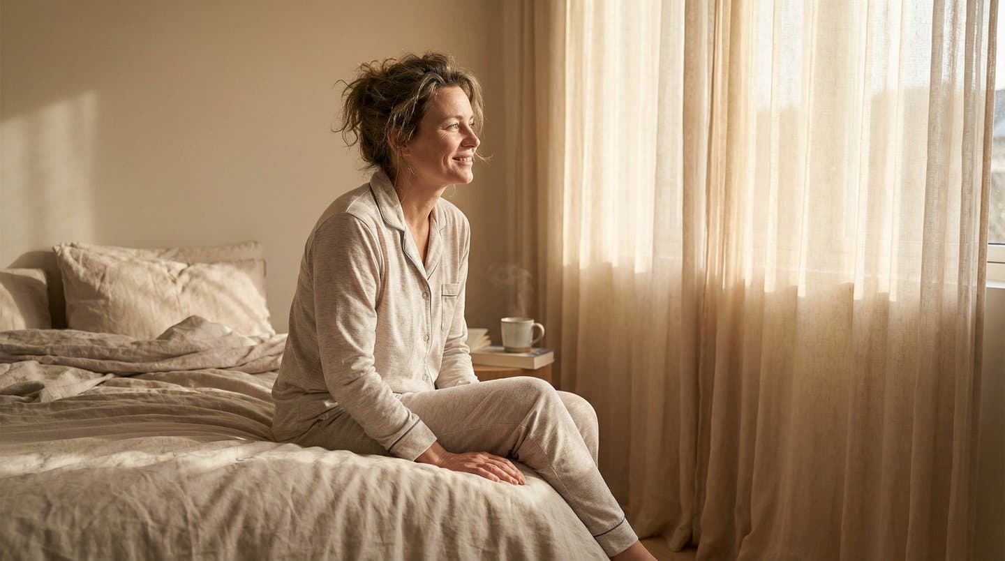 A well-rested woman in pajamas sitting on a sunlit bed with morning light from the window, smiling peacefully