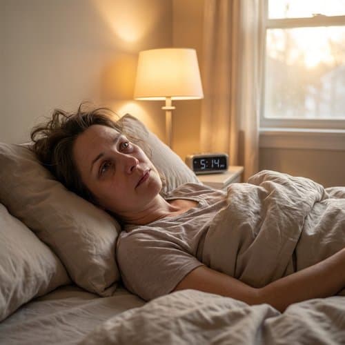 Woman awake in bed in the early morning, struggling with poor sleep and fatigue