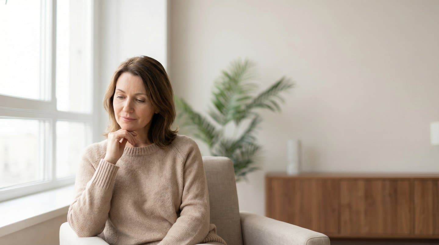 Woman seated in a bright room, resting her hand at her jaw with a thoughtful expression suggesting jaw discomfort