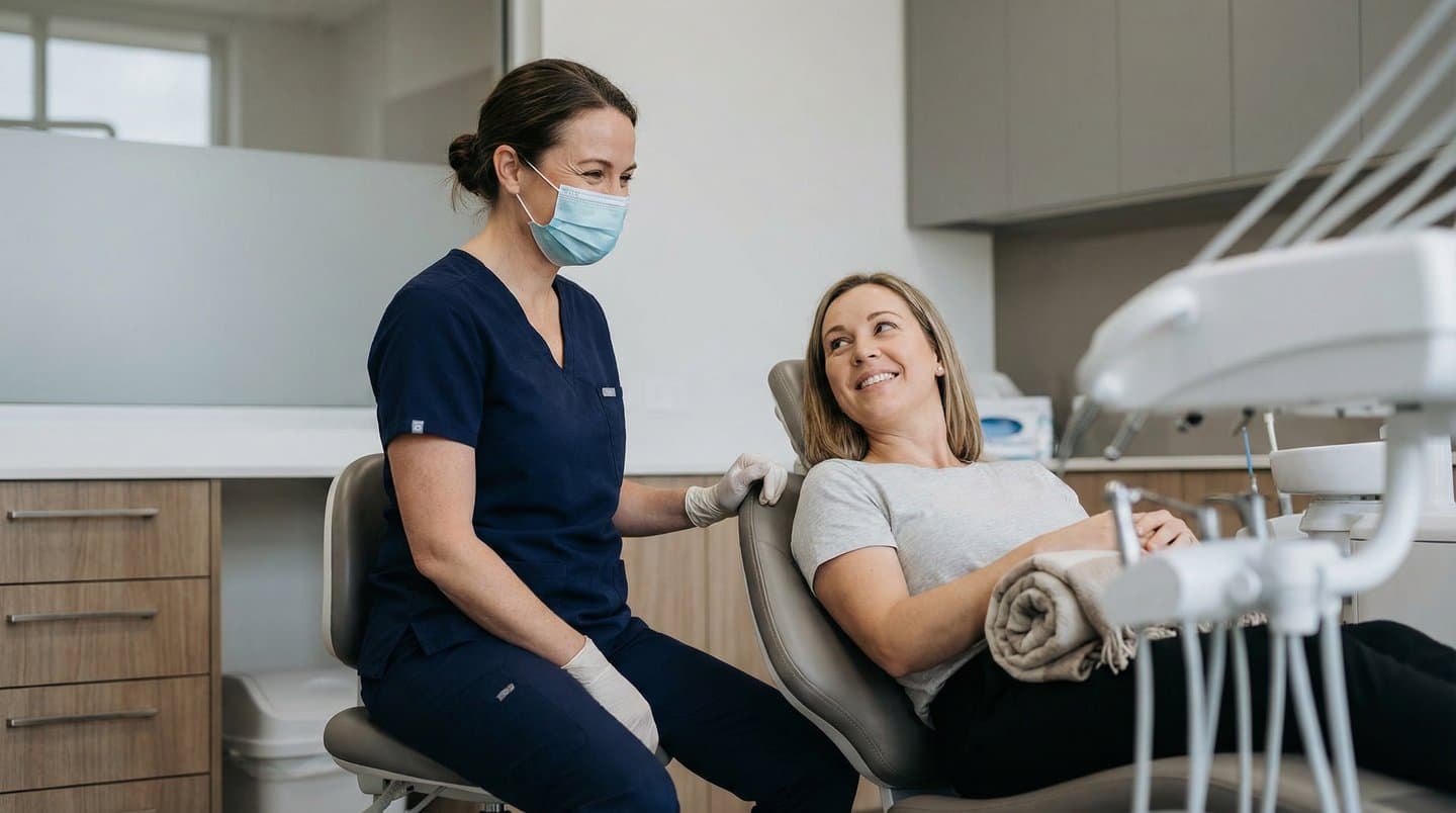 A dental professional in scrubs speaking with a relaxed patient in a dental chair in a bright, modern office